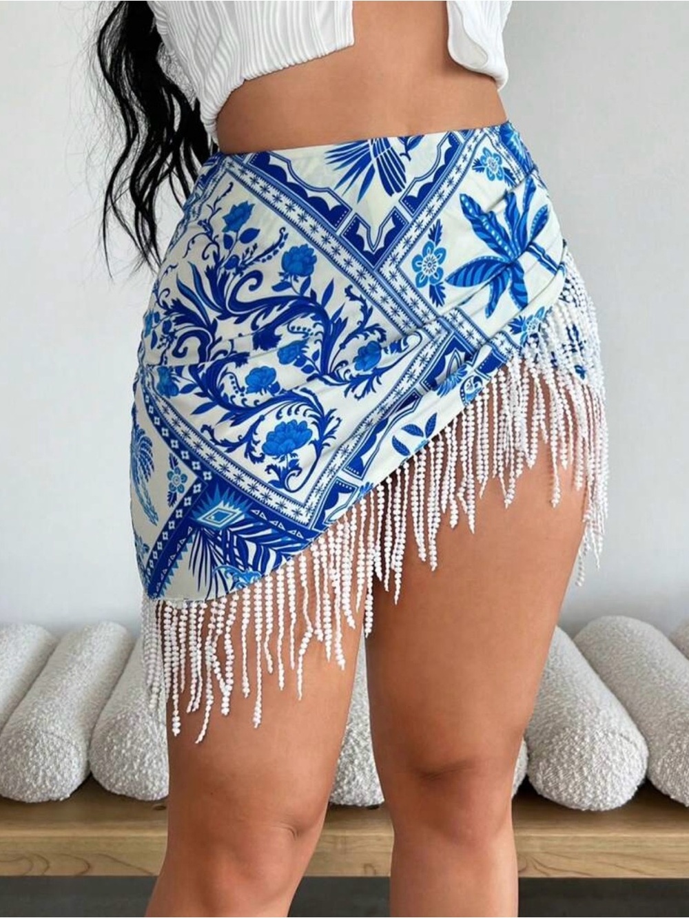 NWOT Blue & White Beaded Fringe Swim Cover-Up Skirt - Women
